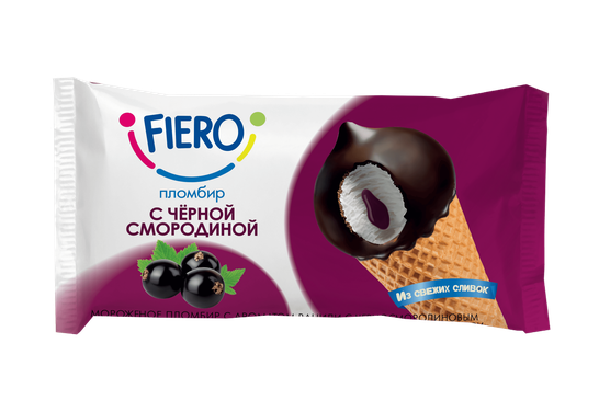 Мороженое пломбир с ароматом ванили с «ЧЕРНОСМОРОДИНОВЫМ ВАРЕНЬЕМ» в вафельном сахарном рожке в какаосодержащей глазури